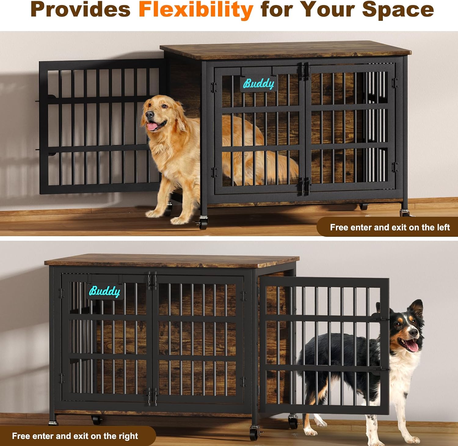 EasyCom 42'/41'/33' Dog Crate Furniture with Name Tag, XL Heavy Duty Dog Kennel Indoor for Large and Medium Dogs, Double-Doors Sturdy Dog Cage for Anxiety Dog, Decorate House as TV Stand