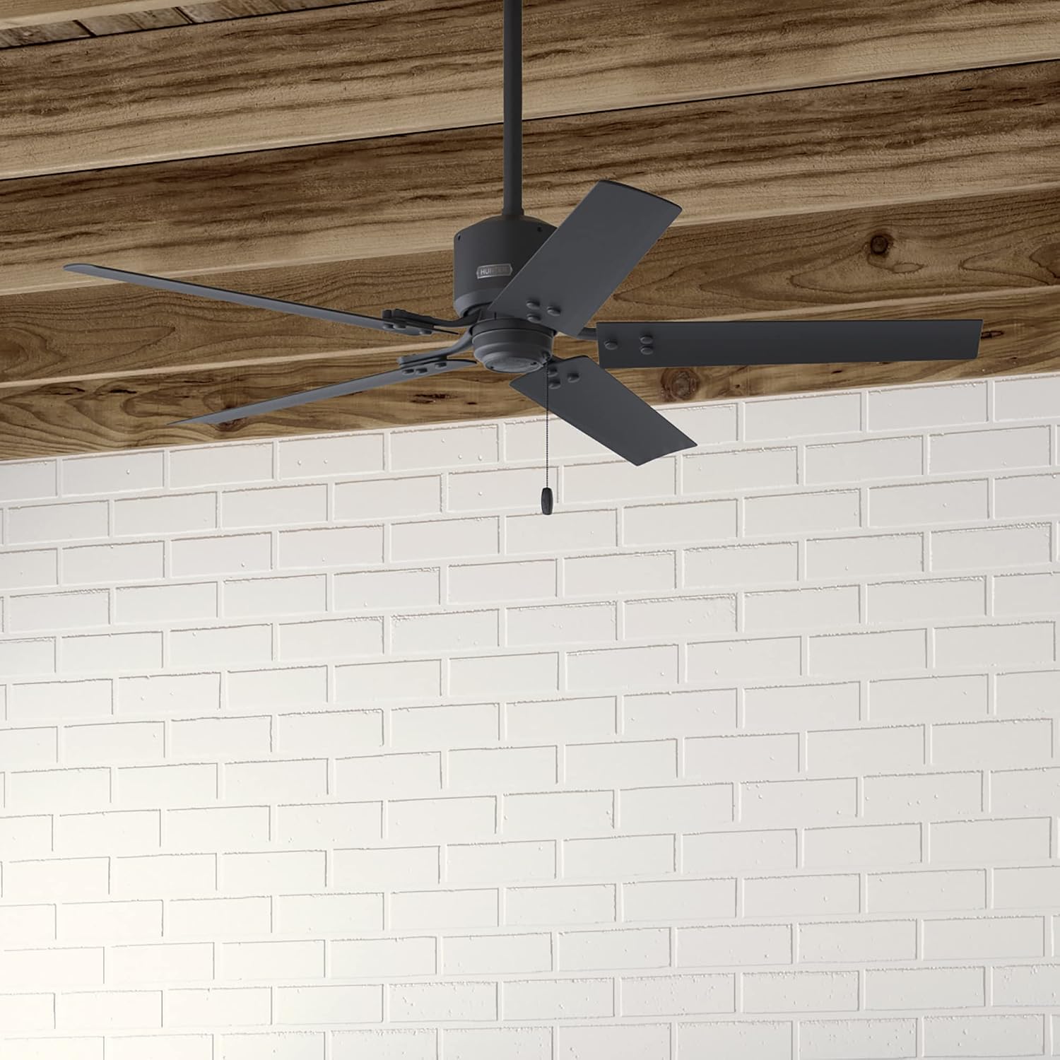 Hunter 52 inch Outdoor or Indoor Ceiling Fan No Light - Black Ceiling Fan without Light, For Patio, Porch, Garage, or Living Room, Standard Mount, 5 Blades, Pull Chain - Windbound 51459, Matte Black