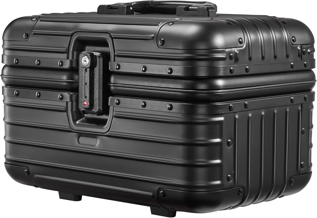YUEMAI Hard Shell Cosmetic Case, Mini Aluminium Alloy Carrying Makeup Case Suitcase, Small Travel Hand Luggage With Elastic Band, For Make-Up Artist(Black)