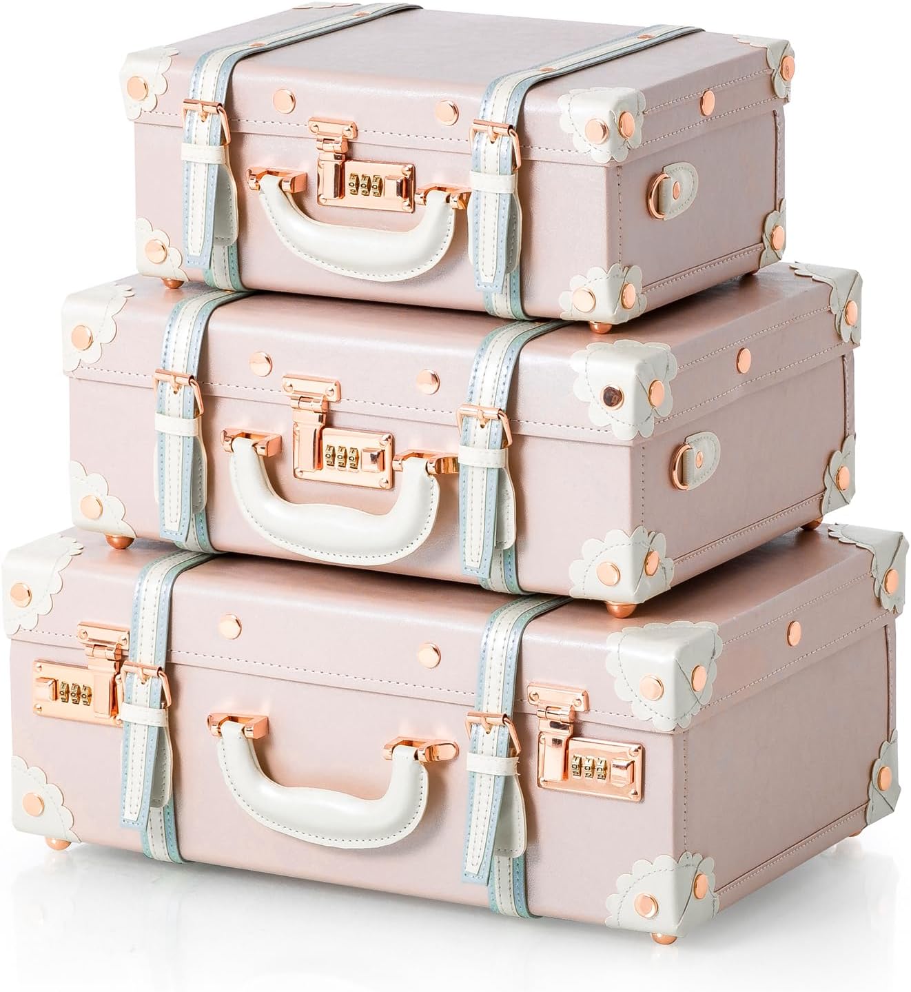 COTRUNKAGE 16' Carry On Suitcase Cute Pu Overnight Vintage Trunk Luggage Bag for Women with Combination Locks, Cherry Pink