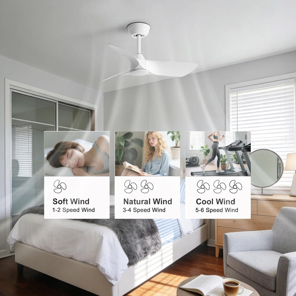 30 Inch White Small Ceiling Fan No Light with Remote 6 speeds | 30 inch quiet ceiling fan no light. 6 speeds, reversible DC motor, timer for small room, bedroom, kitchen, covered patio