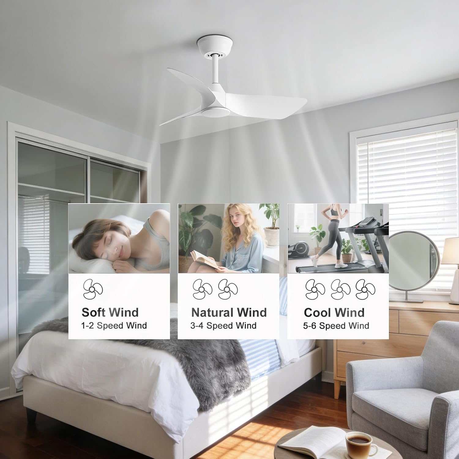 30 Inch White Small Ceiling Fan No Light with Remote 6 speeds | 30 inch quiet ceiling fan no light. 6 speeds, reversible DC motor, timer for small room, bedroom, kitchen, covered patio