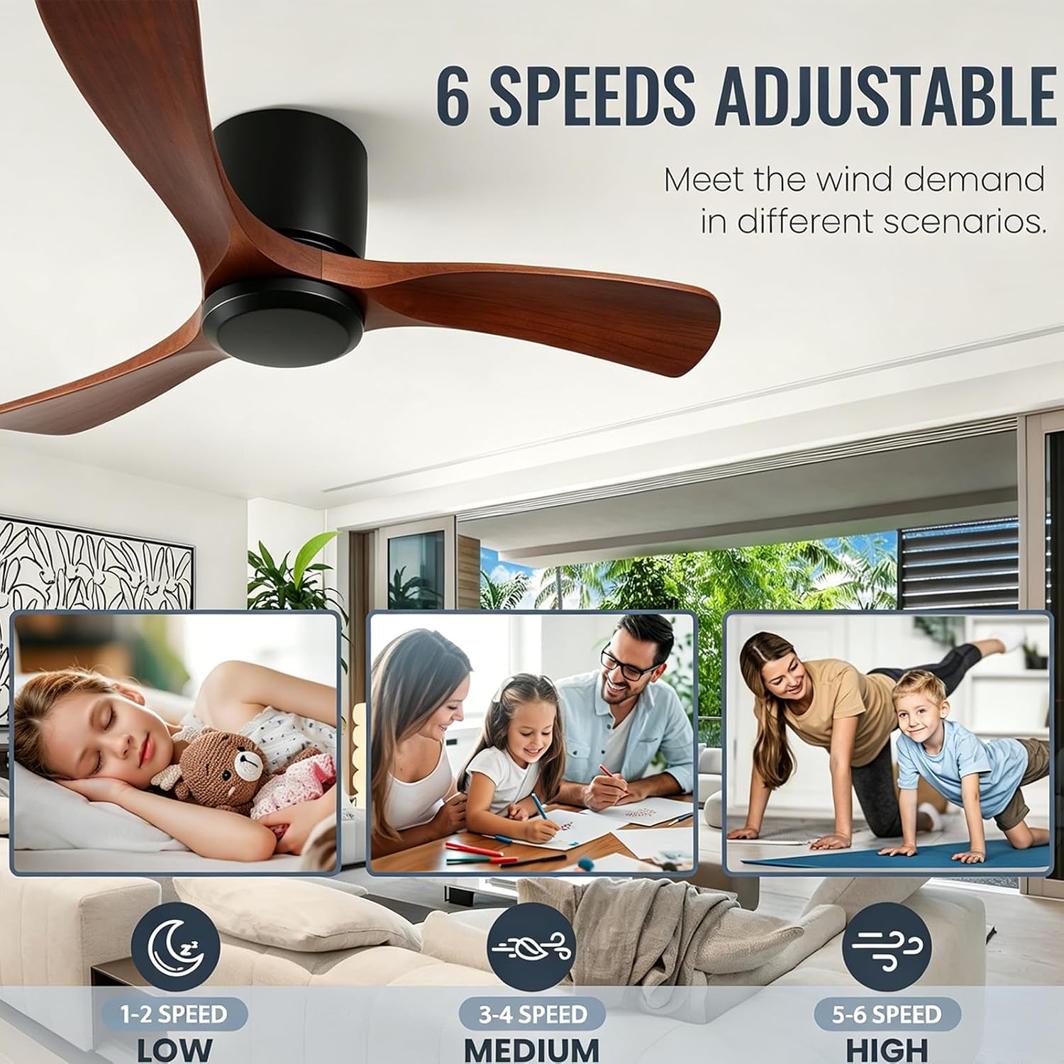 GESUM 42 Inch Wood Ceiling Fan without Light | Flush Mount, Remote Control, 3 Blade 6-Speed Reversible DC Motor, Noiseless Timer, For Bedroom Living Room Patio Porch