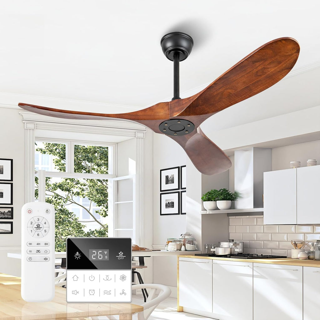 52 Inch Walnut Outdoor Ceiling Fan No Light, Solid Wood Ceiling Fans Without Lights, Mid-sized Modern 3 Blade Quiet Dc Ceiling Fans For Slanted Ceilings, Rustic Wood Ceiling Fan For Garage