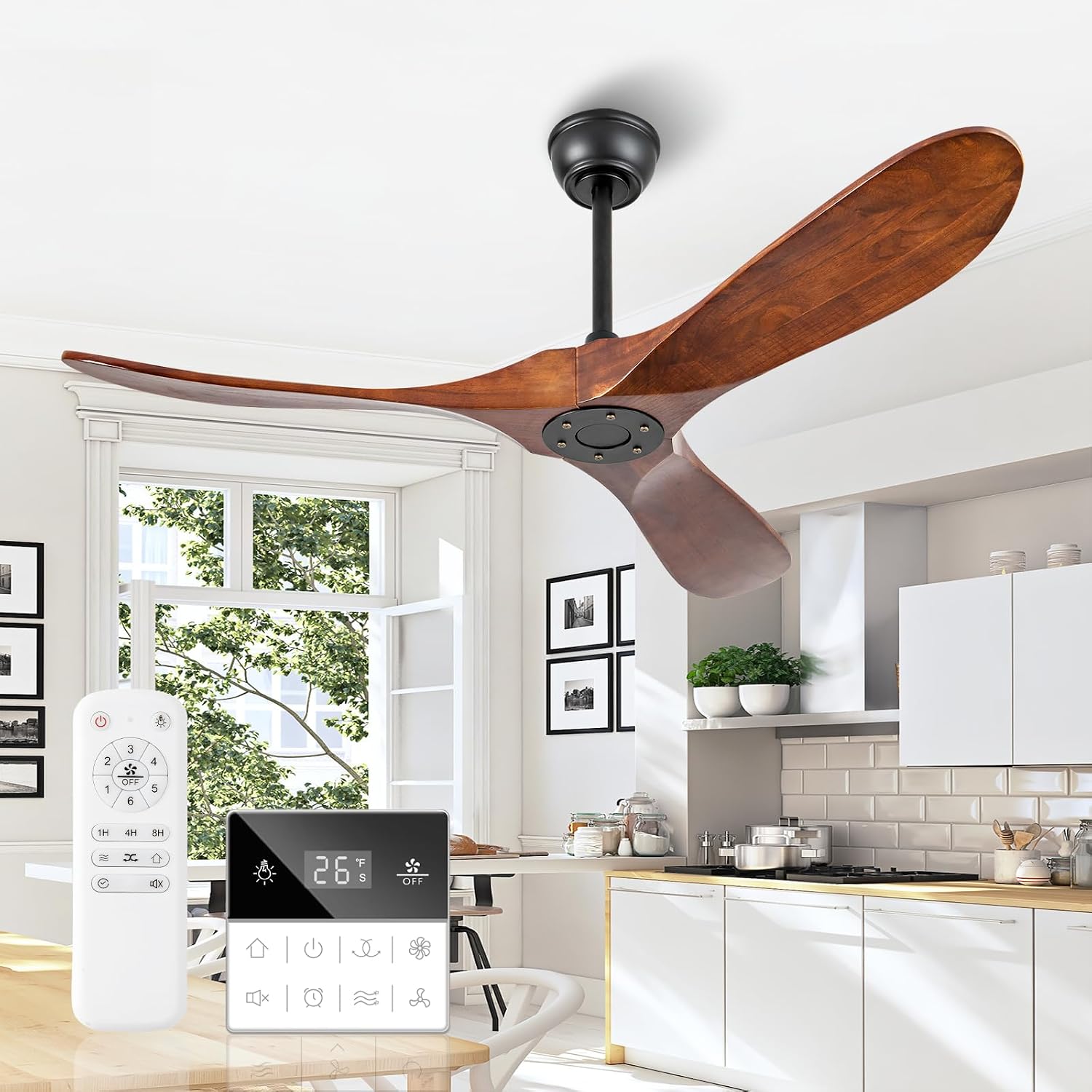 52 Inch Walnut Outdoor Ceiling Fan No Light, Solid Wood Ceiling Fans Without Lights, Mid-sized Modern 3 Blade Quiet Dc Ceiling Fans For Slanted Ceilings, Rustic Wood Ceiling Fan For Garage