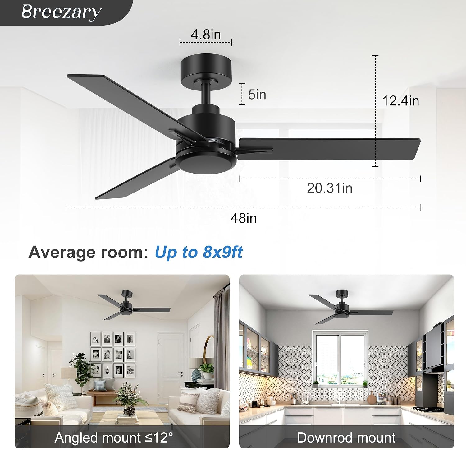 2 Pack 48 Inch Ceiling Fans without Light Remote Control, 6-Speed, Quiet Reversible DC Motor, 3-Blade, Industrial Indoor/Outdoor Ceiling Fan No Light for Living Room Patio, Black