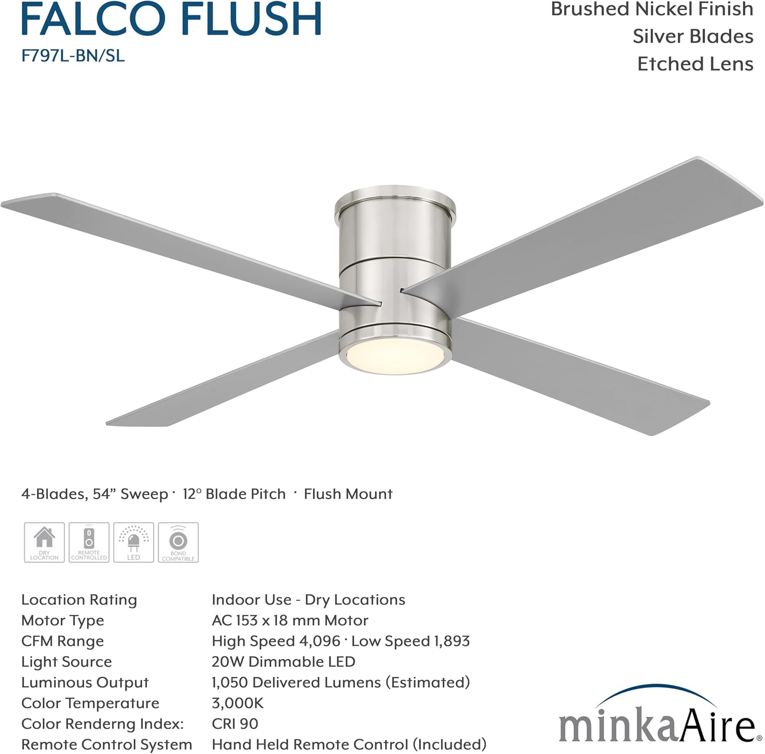 MINKA-AIRE F797L-BN/SL Falco 54' 4-Blade LED Flush Mount Ceiling Fan - Brushed Nickel and Silver Finish Blades with Etched Lens