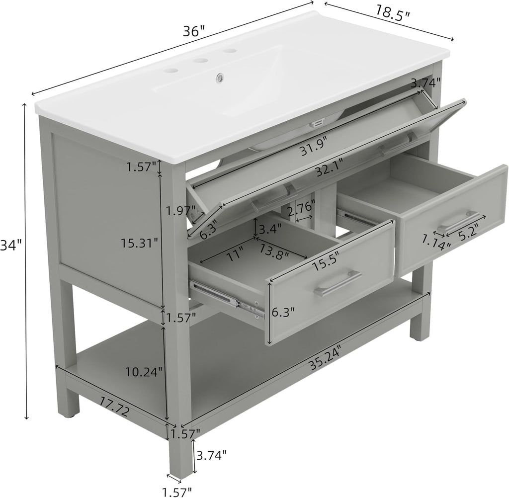 Bathroom Vanity 36 Inch with Ceramic Sink, Flip Top Tray, Wooden Bathroom Sink Cabinet with 2 Drawers and Open Shelf, Freestanding Vanity for Guest Baths Master Suites, Rental Units (Gray)