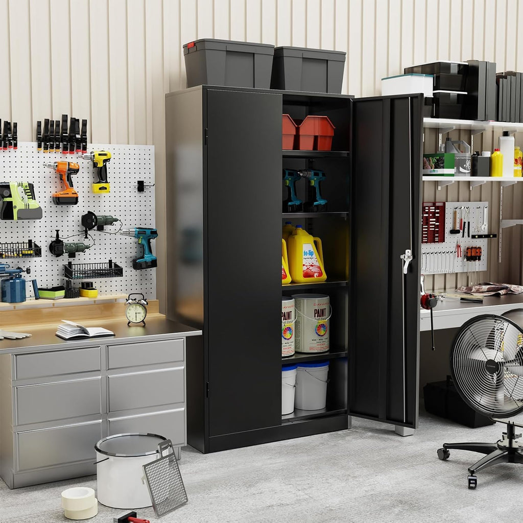 SUNCROWN Metal Storage Cabinets with Lock, Tool Cabinet, 72' Locking Steel Storage, Tall Locker Organizer Garage Cabinets with 2 Doors and 4 Shelves for Home,Garage,Office,School, Garage, Black
