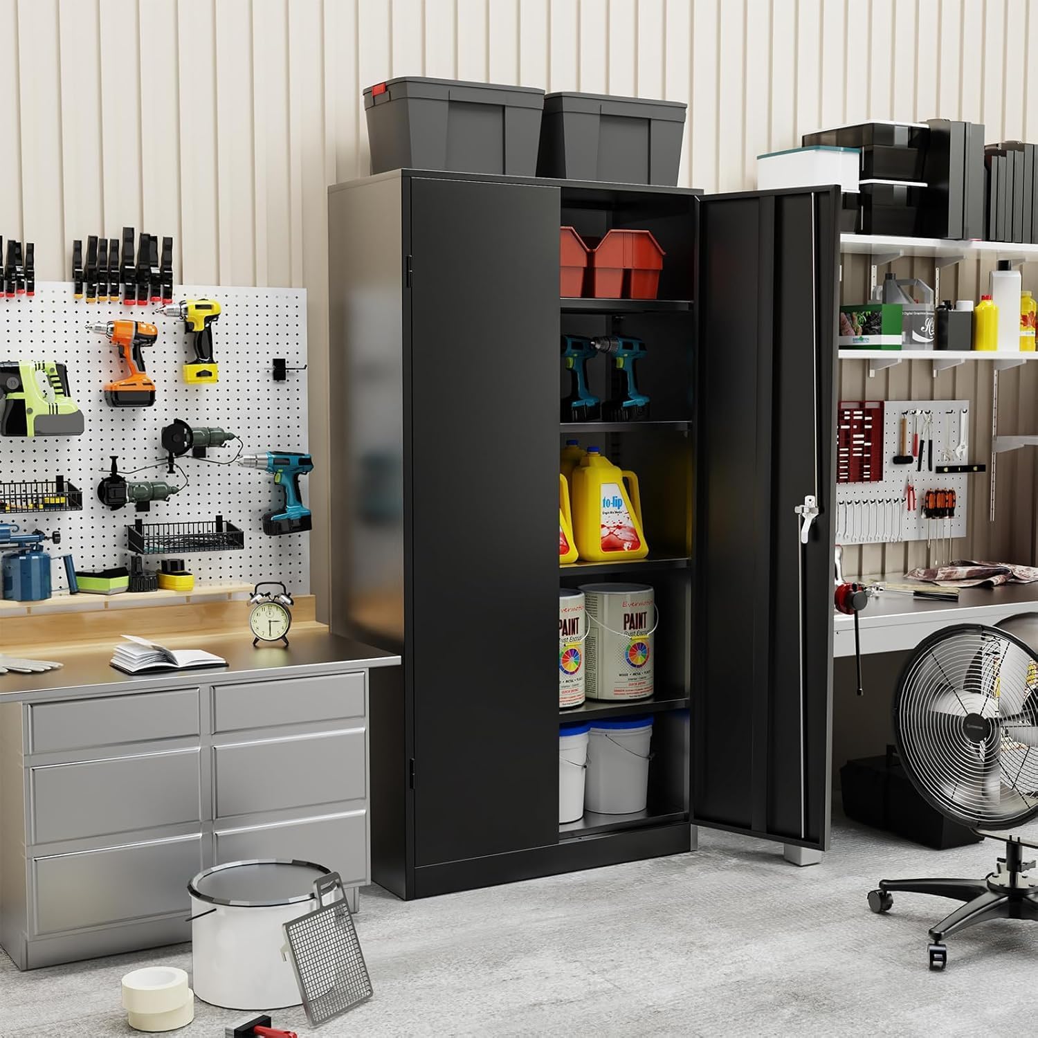 SUNCROWN Metal Storage Cabinets with Lock, Tool Cabinet, 72' Locking Steel Storage, Tall Locker Organizer Garage Cabinets with 2 Doors and 4 Shelves for Home,Garage,Office,School, Garage, Black