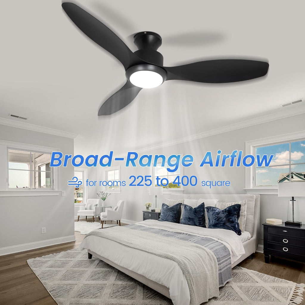 48' Ceiling Fan with Light and Remote, Black Flush Mount Ceiling Fan with 3 Blades,3 Color Dimmable Lights, 6 Speeds, Queit DC Motor, Memory Function, Indoor/Outdoor/Bedroom/Living Room/Patios, Black