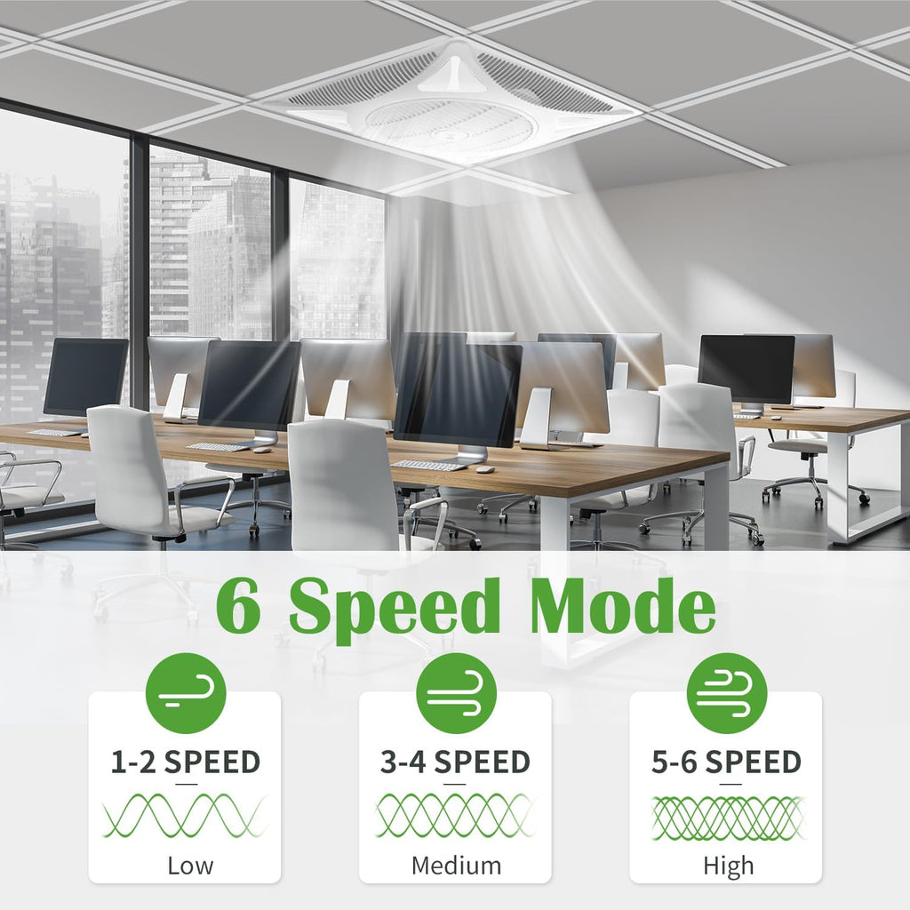 Drop Ceiling Fan with LED Lights, Flush Mount Ceiling Fans with 6 Wind Speeds and Timer, Low Profile Square Fan for Office Ventilation and Lighting