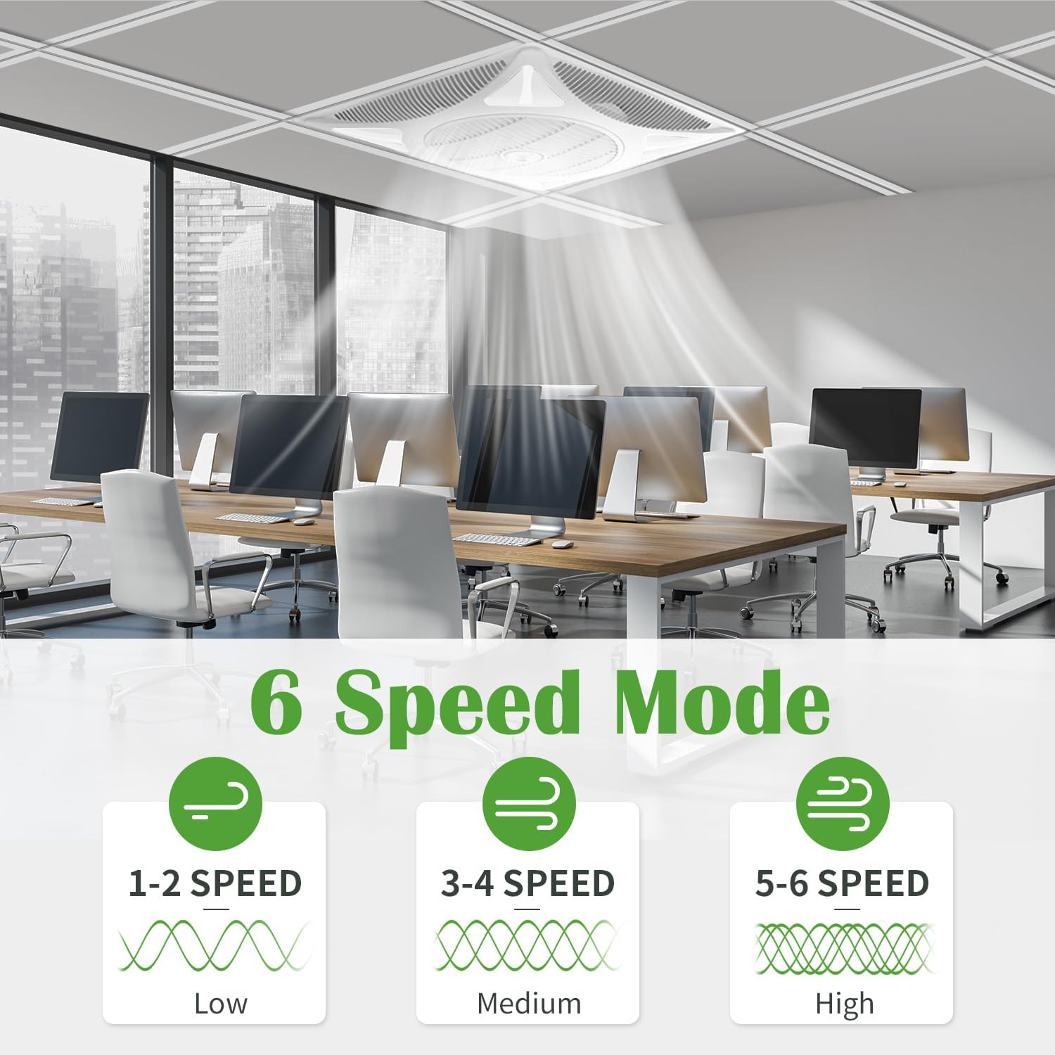 Drop Ceiling Fan with LED Lights, Flush Mount Ceiling Fans with 6 Wind Speeds and Timer, Low Profile Square Fan for Office Ventilation and Lighting