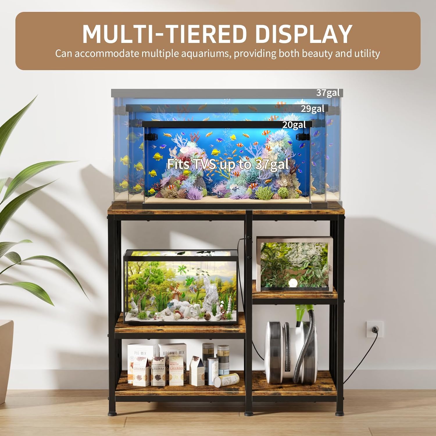 Reinforced 40-50 Gallon Aquarium Stand with Power Outlet, Ultra-Stable 720LBS Capacity Metal Fish, Tank Stand for Reptile/Aquatic Setups, 5-Tier Adjustable 37'x19' Steel Shelving System