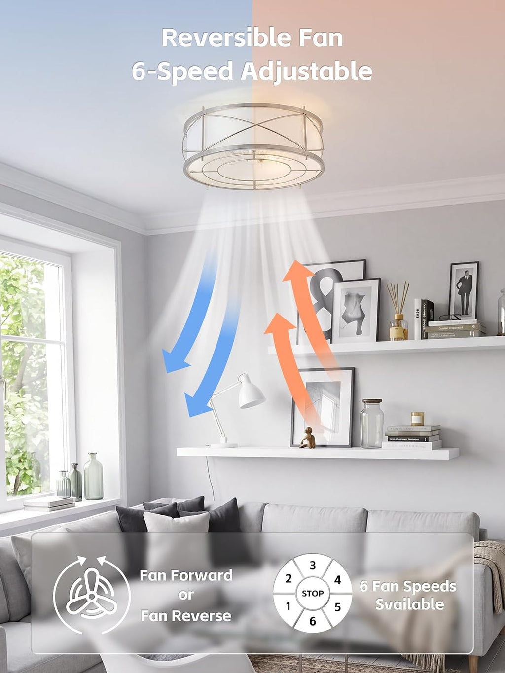 Silver Flush Mount Boho Ceiling Fan with Lights, 20' Caged Rattan Ceiling Fans with Light and Remote, Enclosed with 6 Speeds for Living Room, Bedroom, Nursery