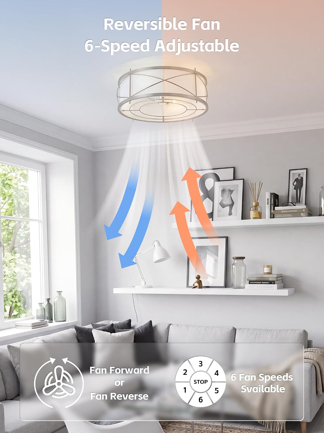 Silver Flush Mount Boho Ceiling Fan with Lights, 20' Caged Rattan Ceiling Fans with Light and Remote, Enclosed with 6 Speeds for Living Room, Bedroom, Nursery