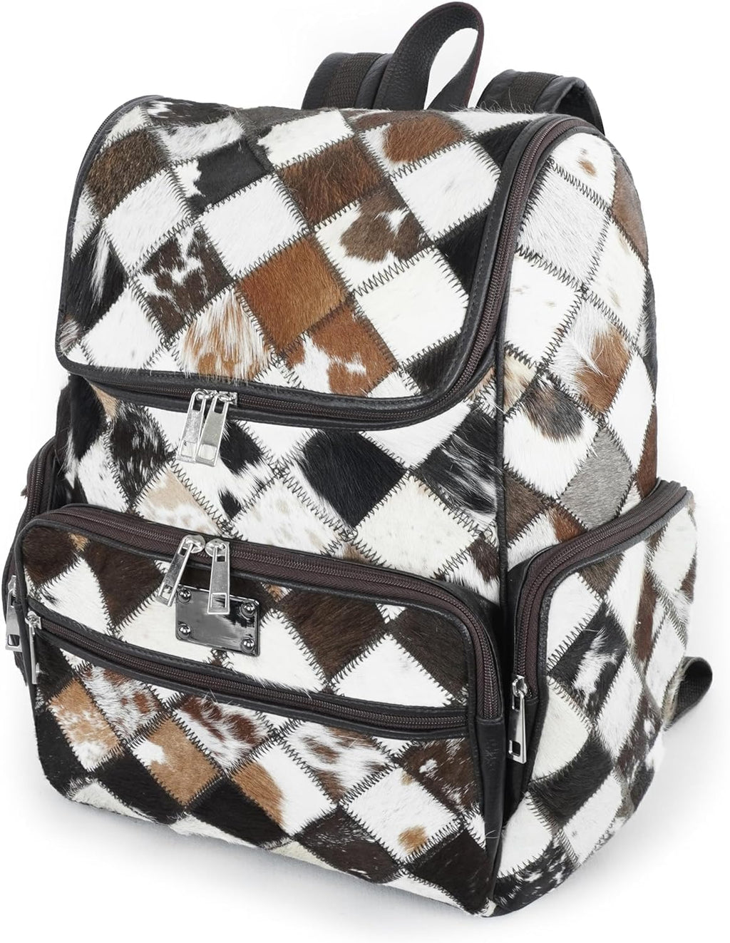 Western Brown Patchwork Cowhide Leather Backpack - Everyday Travel Backpack - Genuine Leather Cow Print Checkered Diaper Bag
