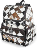 Western Brown Patchwork Cowhide Leather Backpack - Everyday Travel Backpack - Genuine Leather Cow Print Checkered Diaper Bag