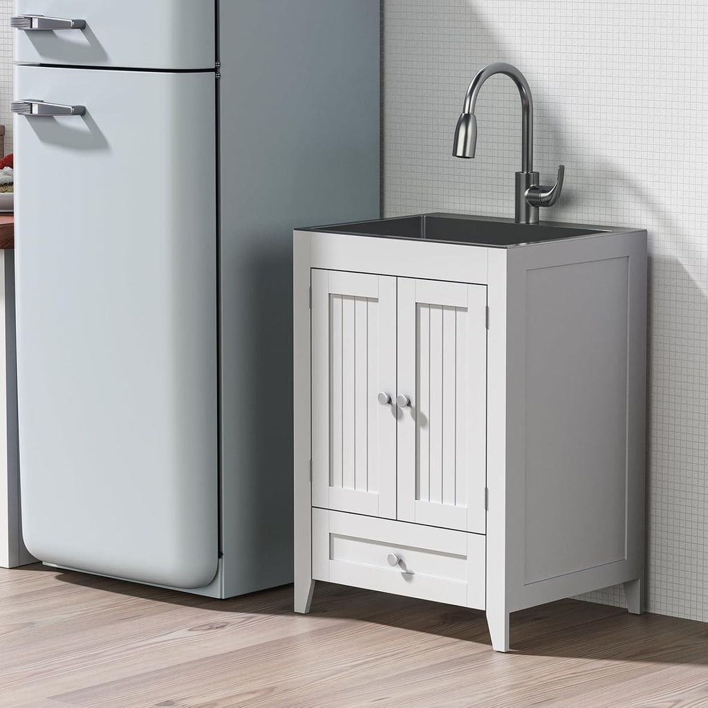 VINGLI 24-Inch Laundry Sink with Cabinet and Pull-Out Sprayer Faucet, Stainless Steel Utility Sink with Cabinet and Drawer Combo, Cabinet with Sink for Laundry & Utility Room, Kitchen, Bathroom, White