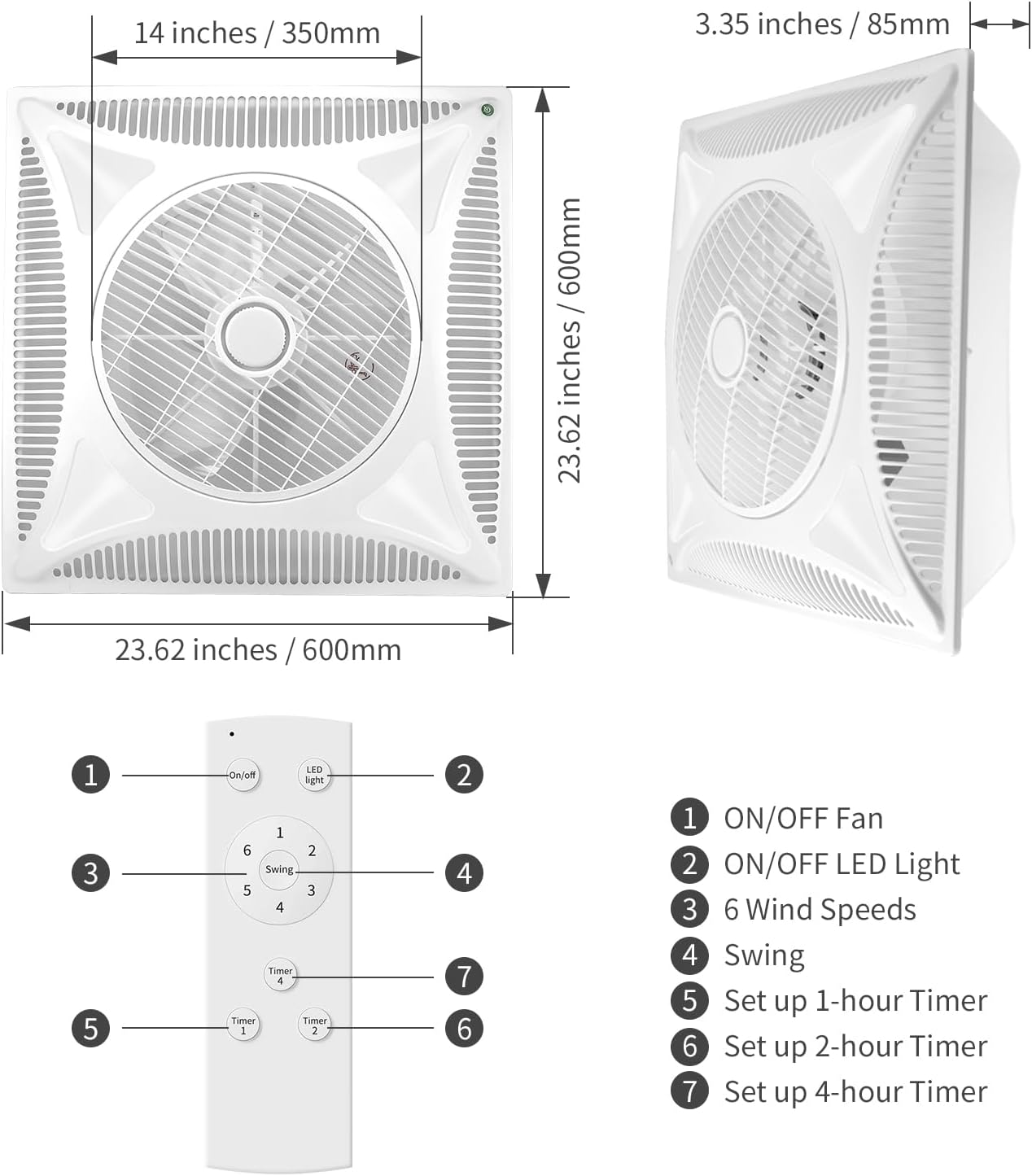 Drop Ceiling Fan with LED Lights, Flush Mount Ceiling Fans with 6 Wind Speeds and Timer, Low Profile Square Fan for Office Ventilation and Lighting