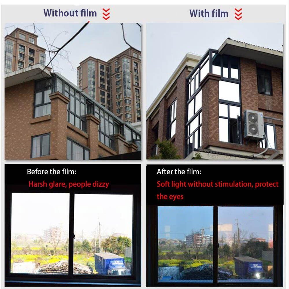 HOHOFILM 60' x 33ft Roll One Way Window Glass Film Reflective Silver Mirror Glass Tint Daytime Privacy Sun Blocking Anti UV Self-Adhesive