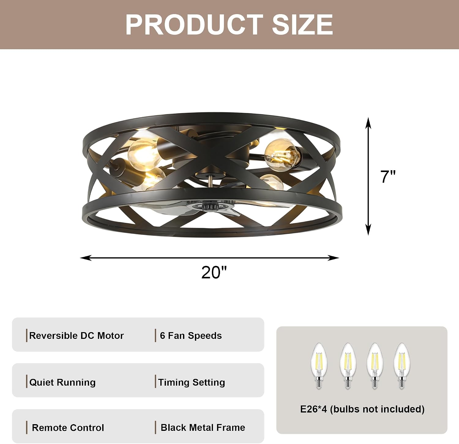20'' Black Caged Ceiling Fan with Lights and Remote, Flush Mount Fandalier Ceiling Fan Low Profile Industrial Chandelier for Bedroom Kitchen, Bladeless with 4 Lights, Reversible 6 Speeds