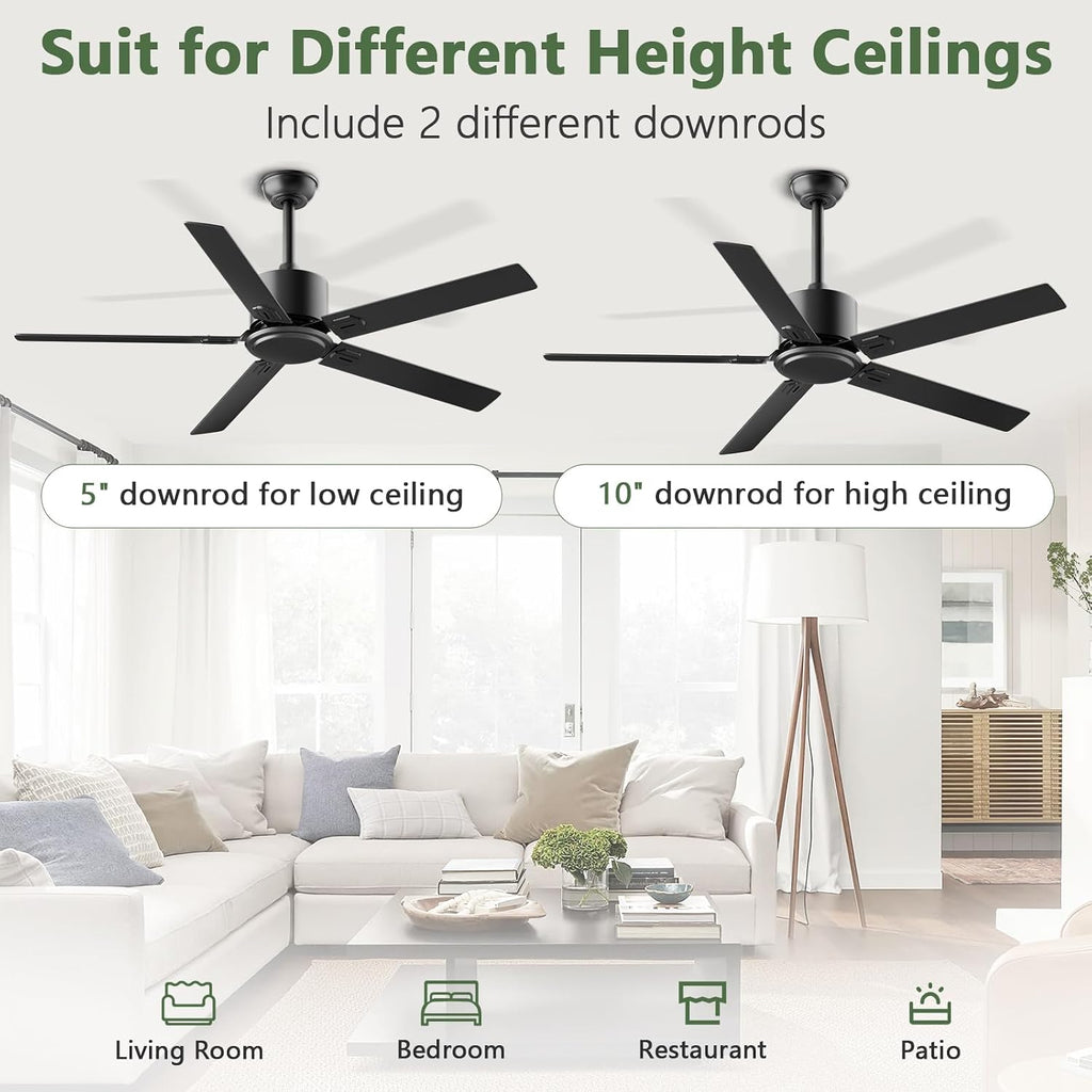 Obabala Outdoor Ceiling Fan No Light, 60 Inch Black Modern Ceiling Fan Without Light, Dual Finish 5 Blades,6 Speed, Reversible Quiet DC Motor for Patios, Garage, Bedroom, Porch