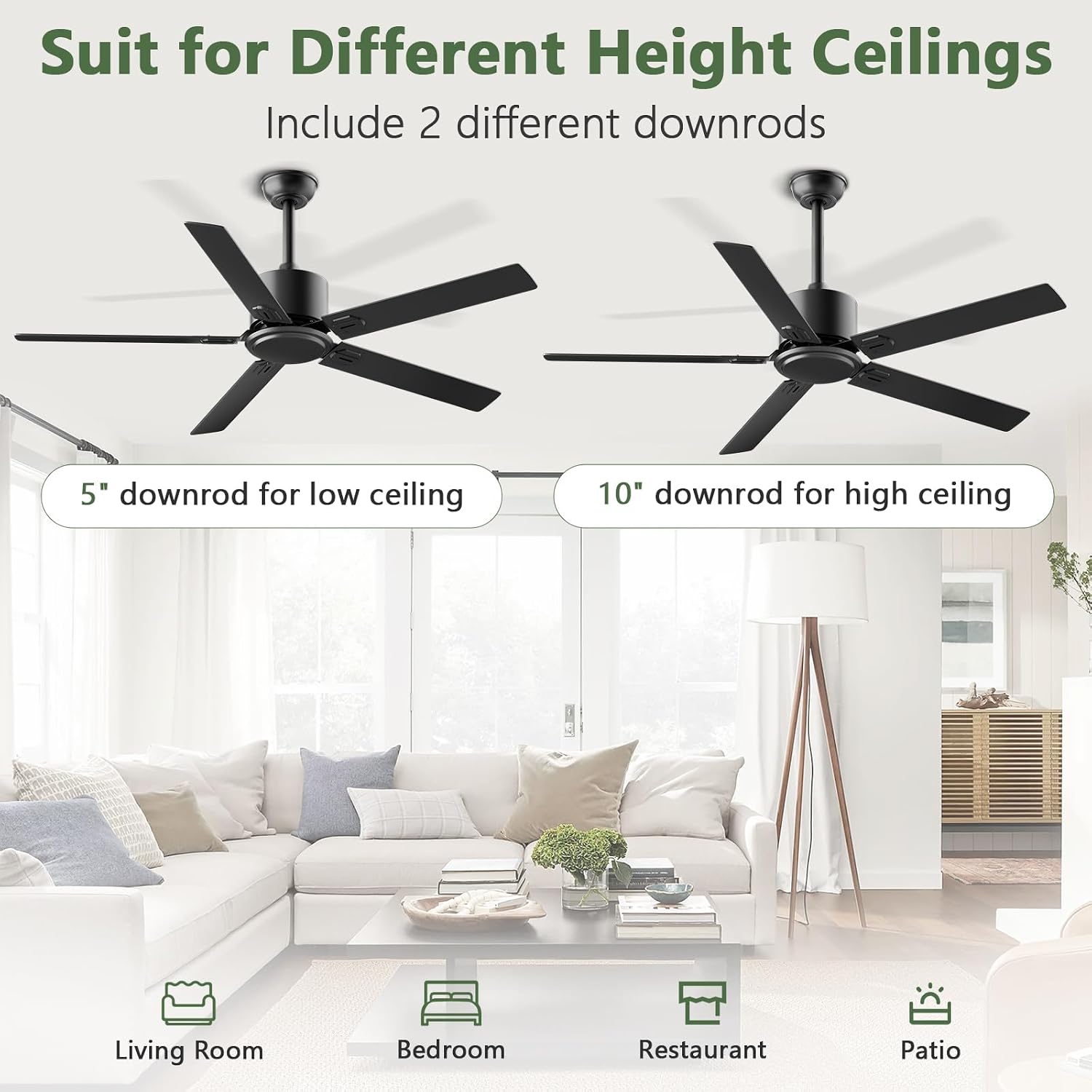 Obabala Outdoor Ceiling Fan No Light, 60 Inch Black Modern Ceiling Fan Without Light, Dual Finish 5 Blades,6 Speed, Reversible Quiet DC Motor for Patios, Garage, Bedroom, Porch