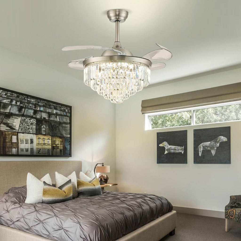 42' Dimmable LED Ceiling Fan with Light Crystal Chandelier Fan with Remote Control Noiseless Reversible Motor for Bedroom Living Room Study Kitchen Dinning Room (Nickel)