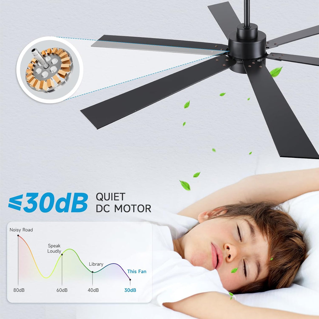 66 Inch Large Outdoor Ceiling Fans for Patios with Lights, Modern Black Ceiling Fan with Light and Remote, 6 Blades Reversible DC Motor Ceiling Fan for Indoor Living Room Porch Gazebo Commercial