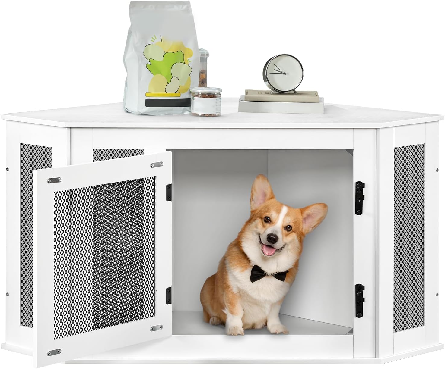 MAHANCRIS Corner Dog Crate Furniture, Wooden Dog Kennel End Table, Decorative Pet Crate Indoor Use, Furniture Style Dog House for Small Medium Dog, Dog Cage TV Stand, White and Black DCWT0801