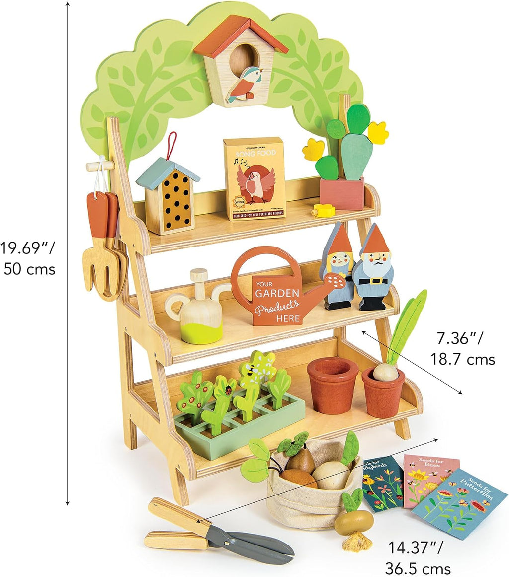 Tender Leaf Toys - Garden Centre - Wood Pretend Play Gardening Set Including Tools, Bird House, Gnomes and Accessories - Encourages Imaginative Play, Improves Language and Fine Motor Skills - Age 3+
