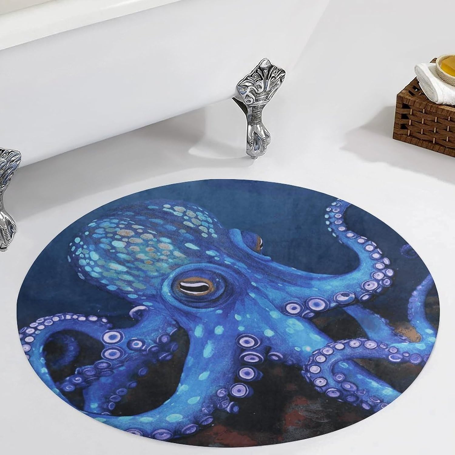 Blue Octopus Coral Velvet Round Floor Mat Non-Slip Bath Rug Floor Covering for Bathroom Vanity Guest Suite & Vacation Home