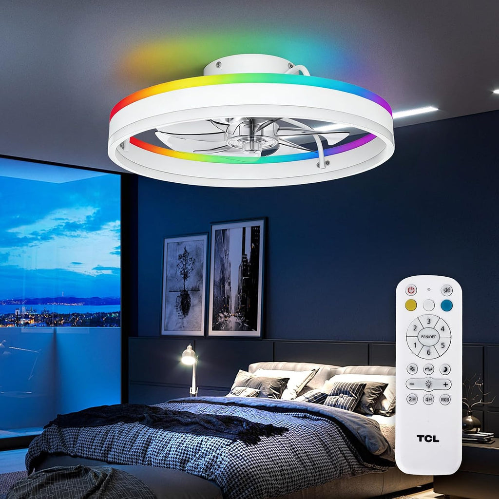 TCL 20'' Flush Mount Ceiling Fan with Lights and Remote, RGB Backlight Dual Lighting Mode, Modern Low Profile Ceiling Fan with Quiet DC Motor, Stylish Lighting for Bedroom, White