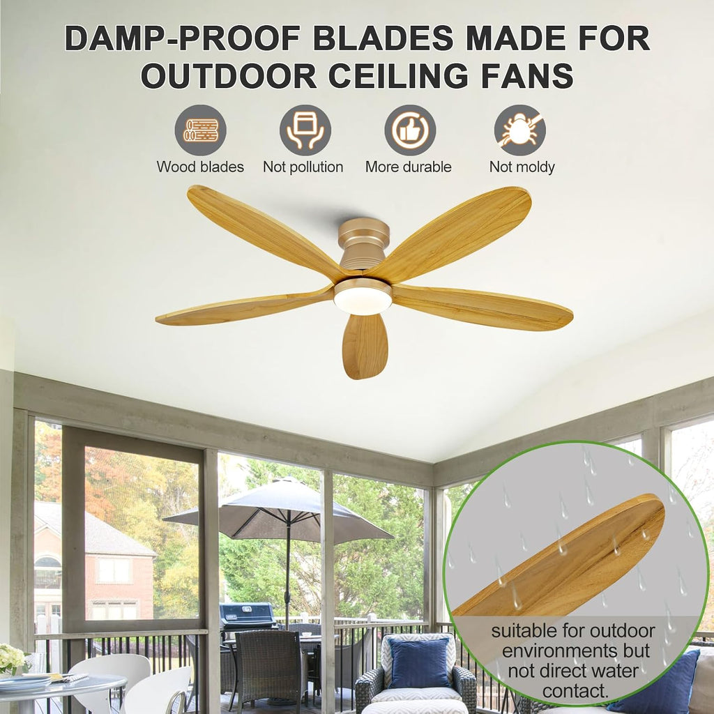 52 Inch Wood Ceiling Fans with Lights and Remote, Low Profile Flush Mount Modern Ceiling Fan with Light, 5 Blades, Dimmable, Wall Switch, Indoor Outdoor Black Ceiling Fan for Bedroom