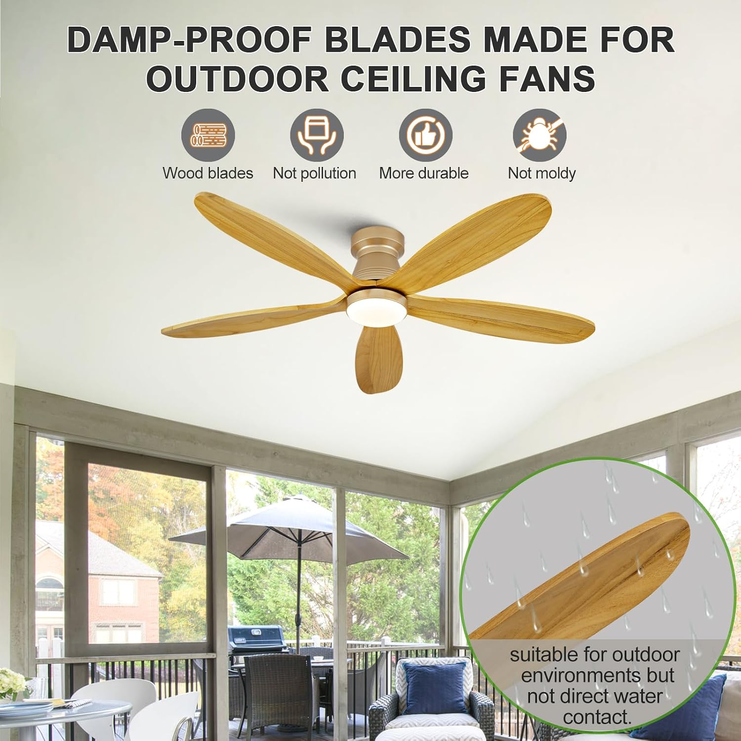 52 Inch Wood Ceiling Fans with Lights and Remote, Low Profile Flush Mount Modern Ceiling Fan with Light, 5 Blades, Dimmable, Wall Switch, Indoor Outdoor Black Ceiling Fan for Bedroom