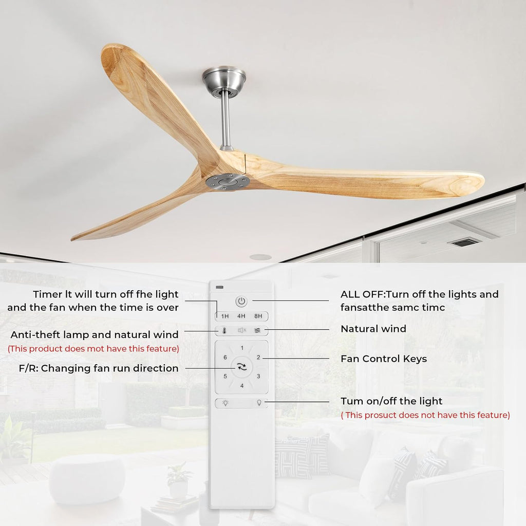 Ceiling Fan No Light, 72 Inch Natural Solid Wood Blades, 6 Speeds, Timer Function, Quiet Motor, Indoor Large Ceiling Fan for Living Room, Patio, Bedroom, Farmhouse Style