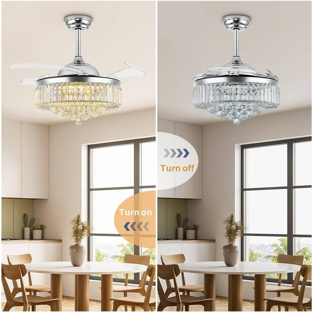 48 Inch Fandelier Ceiling Fans with Light, Chandelier Ceiling Fan, Retractable Ceiling Fan for Bedroom, Living Room, 3 Color Change, LED Dimmable, 6 Speeds, Reversible DC Motor- Chrome