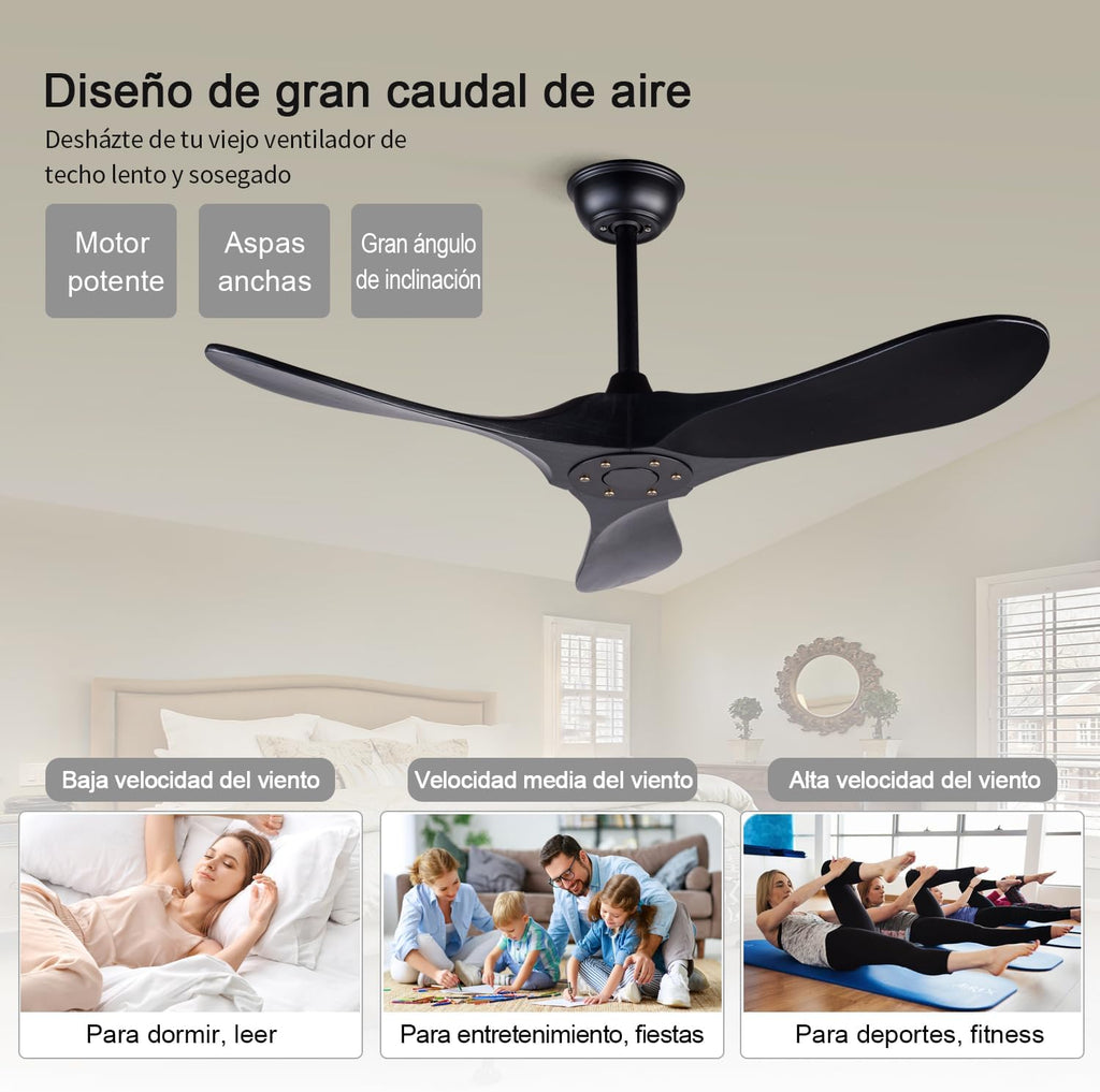 42 Inch Ceiling Fans without Lights, Black Ceiling Fans no Lights with Remote Control, 3 Solid Wood Blades Indoor Outdoor Ceiling Fan for Patios Bedroom Kitchen