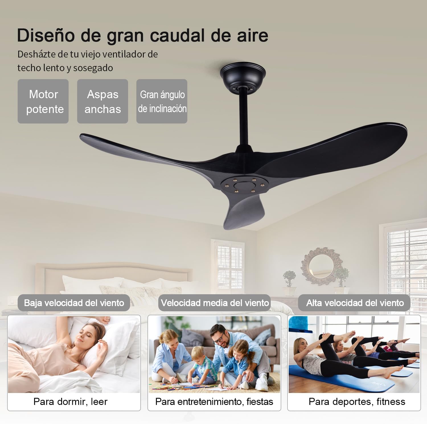 42 Inch Ceiling Fans without Lights, Black Ceiling Fans no Lights with Remote Control, 3 Solid Wood Blades Indoor Outdoor Ceiling Fan for Patios Bedroom Kitchen