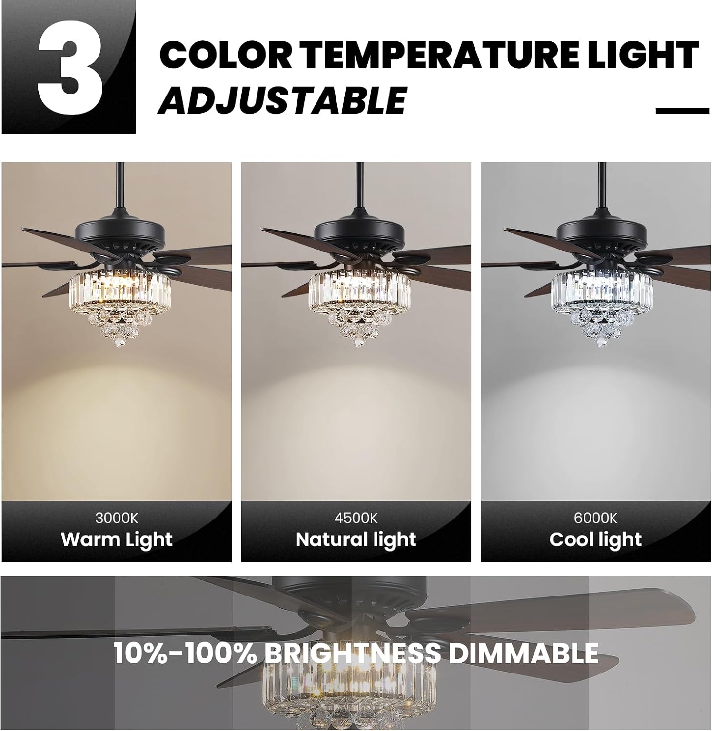 NOXARTE 52 Inch Crystal Ceiling Fan with Light, Modern LED Fandelier with Remote, Black Chandelier Fan Reverse Motor Wood Blades with 6 Speeds for Living Dining Room