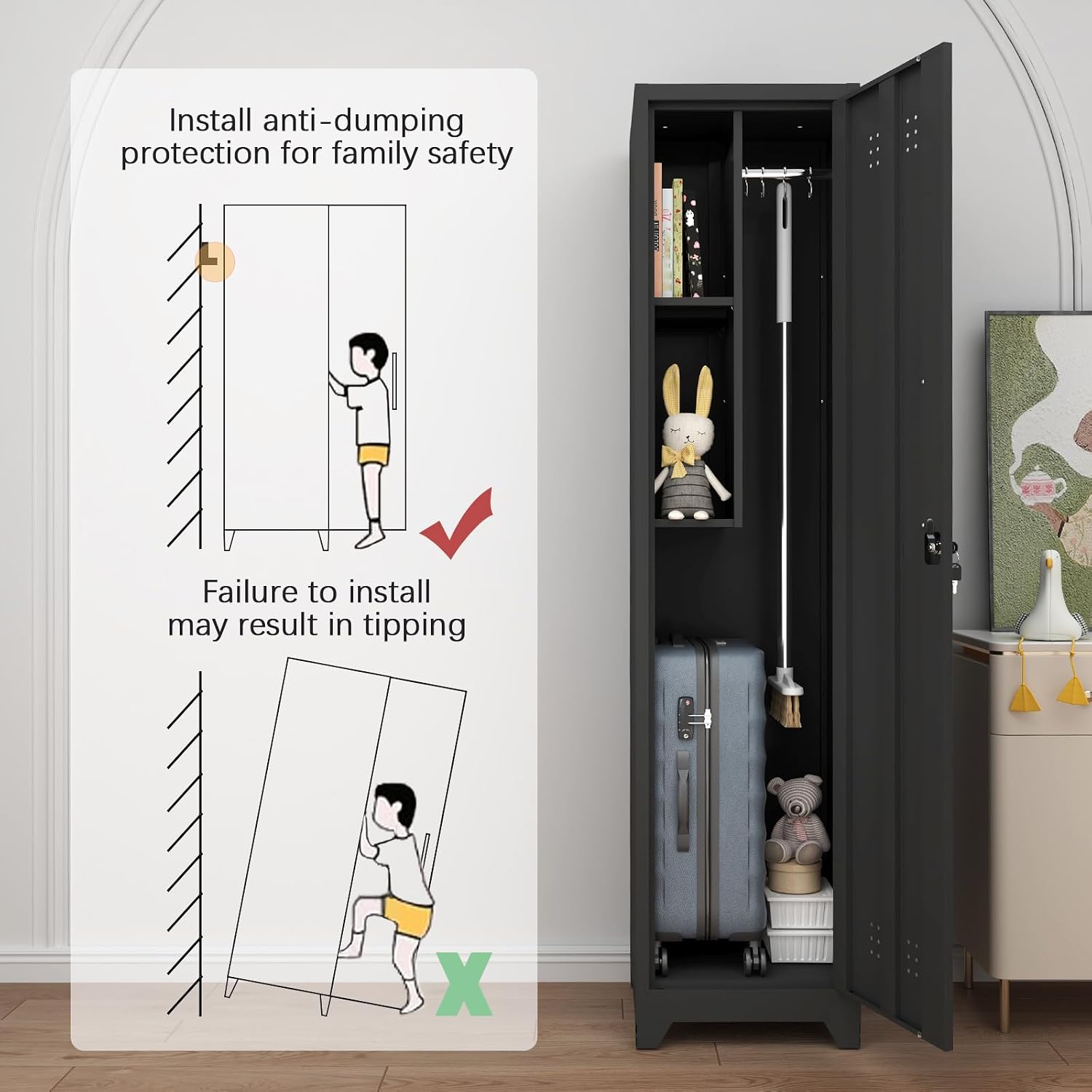 GREATMEET Slim Broom Storage Cabinets, Metal Garage Cabinet with Shelves and Hanging Rod, Black Utility Cabinet with Locking Door, Slim Cabinet for Small Spaces Cleaning Supplies, Shop