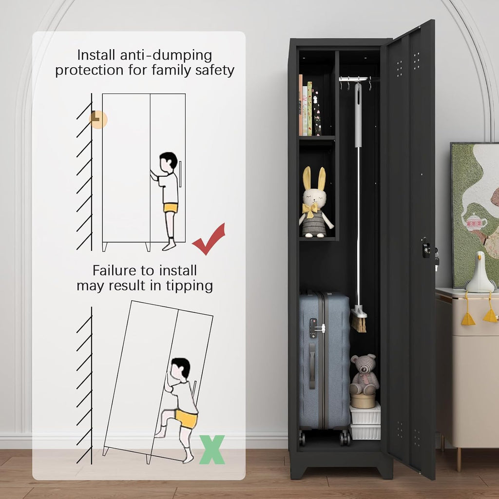 GREATMEET Broom Closet Storage Cabinet, Slim Metal Utility Cabinet, Tall Laundry Room Cabinet for Shop, Living Room, Office, Black