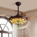 Siljoy 42' Tiffany Ceiling Fan with Lights, Stained Glass Ceiling Fan Vintage Ceiling Fan with Remote Control Dimmable Fandelier with 4 Retractable Reverse Blades for Bedroom, Living and Dining Room
