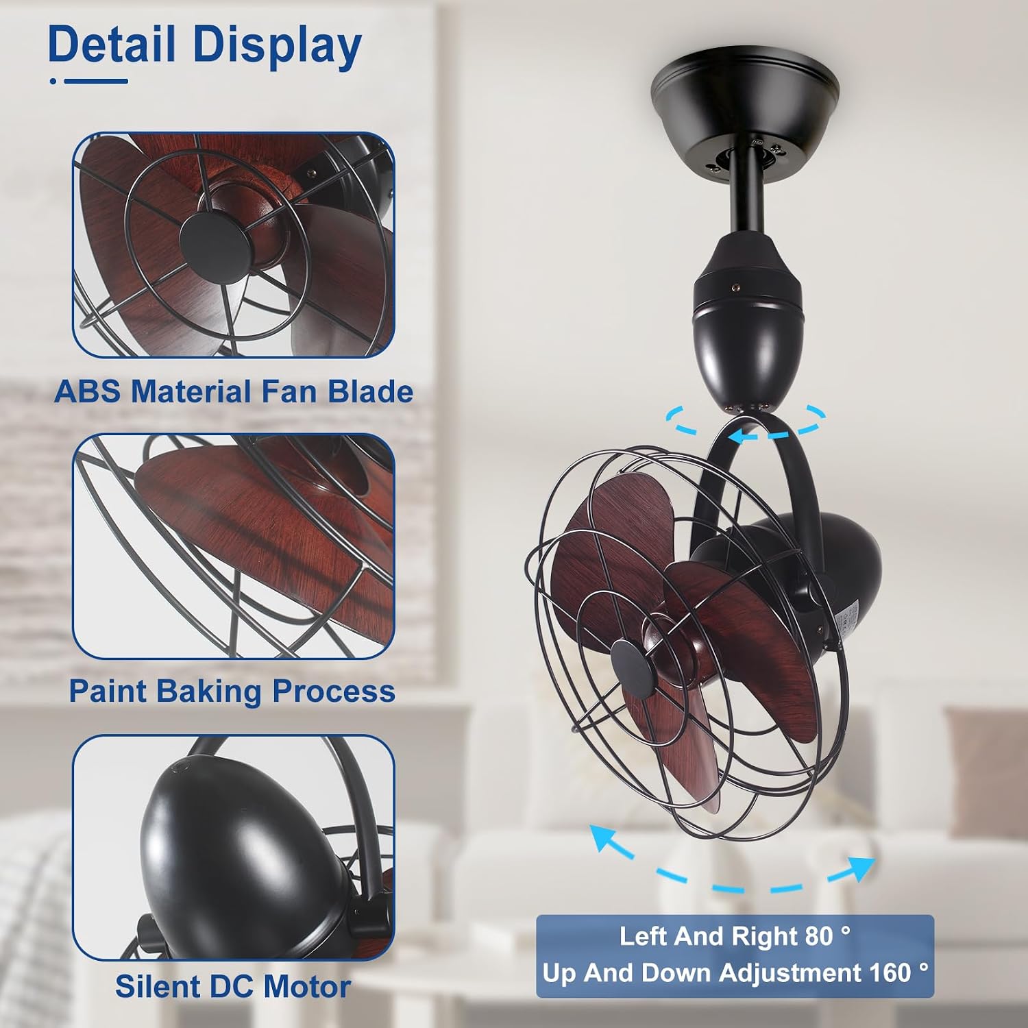 Depuley Oscillating Ceiling Fan with Remote: Black and Walnut Wall Mount Fan Ceiling for Patio - Caged Outdoor Wall Fan for Indoor Bedroom Kitchen - 80° Oscillation 100° Adjustable