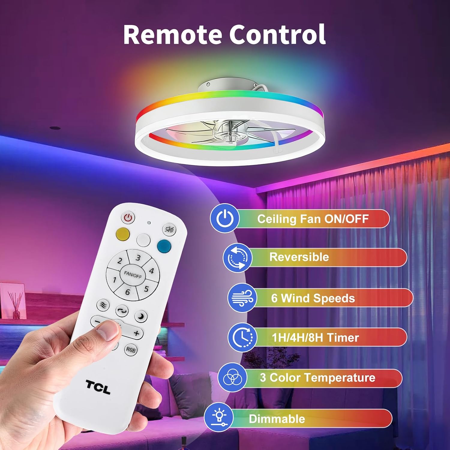 TCL 20'' Flush Mount Ceiling Fan with Lights and Remote, RGB Backlight Dual Lighting Mode, Modern Low Profile Ceiling Fan with Quiet DC Motor, Stylish Lighting for Bedroom, White