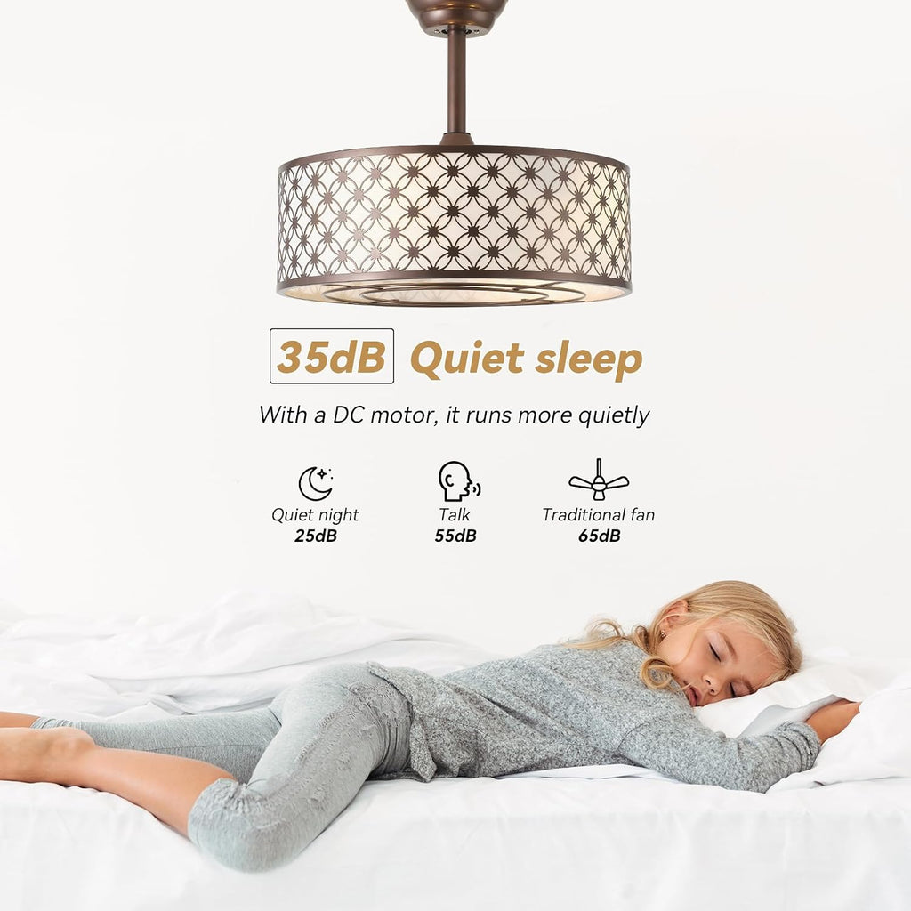Brown Fandelier Ceiling Fan with Light, 20' Caged Brown Chandelier Ceiling Fans with Lights Remote Control, Fabric Mid-Century Modern with 6 Speeds for Bedroom, Nursery, Living Room.
