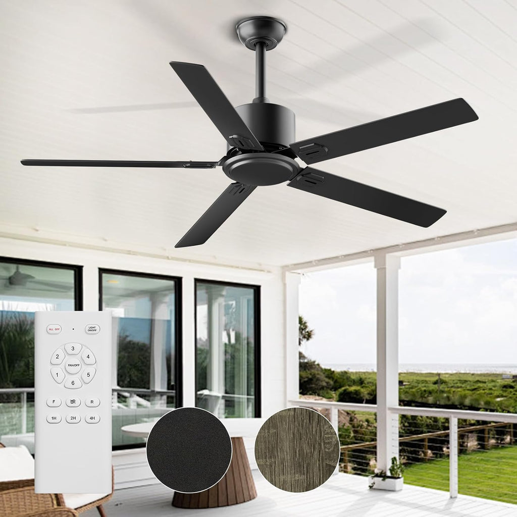 Obabala Outdoor Ceiling Fan No Light, 60 Inch Black Modern Ceiling Fan Without Light, Dual Finish 5 Blades,6 Speed, Reversible Quiet DC Motor for Patios, Garage, Bedroom, Porch
