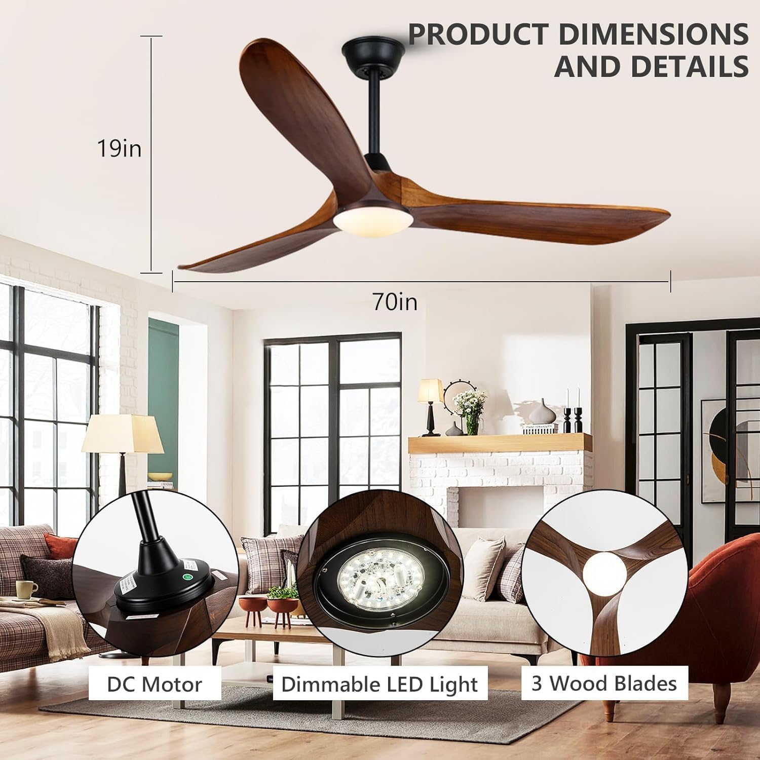 Wood Ceiling Fan with Light, 70 Inch Farmhouse Outdoor Ceiling Fan with Remote for Patios, Rustic Indoor Outdoor Propeller Fan & Reversible DC Motor for Bedroom Gazebo Balcony