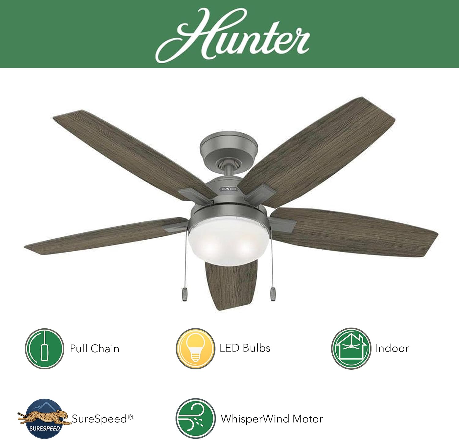 Hunter Fan 52 inch Indoor Ceiling Fan with LED Light, Matte Silver Ceiling Fan with Pull Chain, for Bedroom, Kitchen, Living Room, Laundry Room, No Remote, 5 Blades (Renewed)
